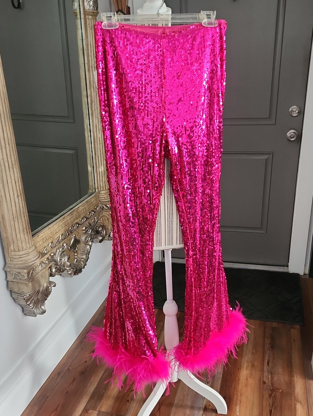 Fashion Nova Hot Pink Sequin Pants with Feather Trim